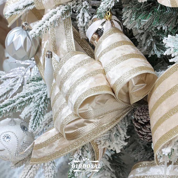 Champagne Velvet Wired Ribbon with Glitter Stripe 4 Inch Extra Wide Crushed Velvet Christmas Ribbon, 10 Yards for Gift Wrapping, Crafts, Tree Decorations, Wreaths, Garlands