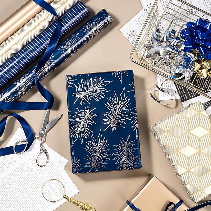 WRAPAHOLIC 30 Inch Navy Wrapping Paper - Jumbo Roll Gold and Navy Print with Cut Lines for Christmas, Birthday, Holiday, Father's Day, Baby Shower - 4 Rolls - 30 Inch x 120 Inch Per Roll