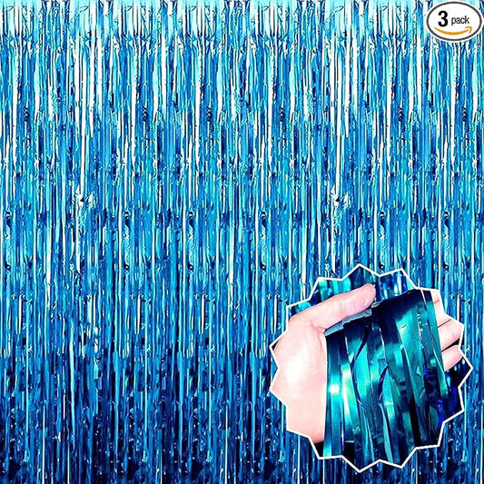 3 Pack Lake Blue Foil Fringe Curtains Backdrop, 3.28 x 6.6 Ft Metallic Streamers Tinsel Curtains Background for Photo Booth, Birthday, Halloween, Christmas, Thanksgiving, New Year Party Decorations