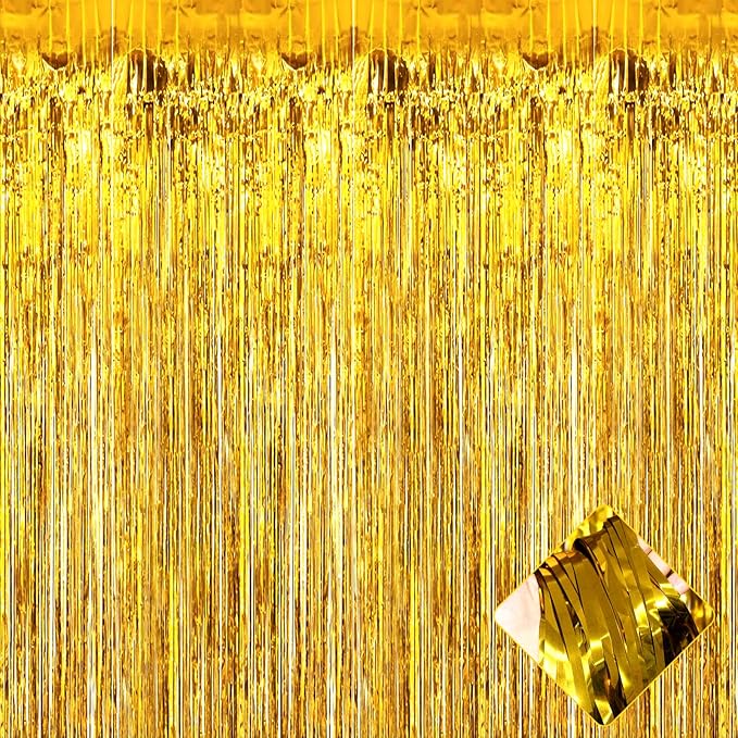 4 Pack Gold Foil Fringe Curtain Backdrop, 3.2Ft x 9.8Ft Metallic Tinsel Foil Fringe Streamers Curtains for Party, Photo Booth Props, Birthday, Wedding, Christmas Party Decoration Supplies