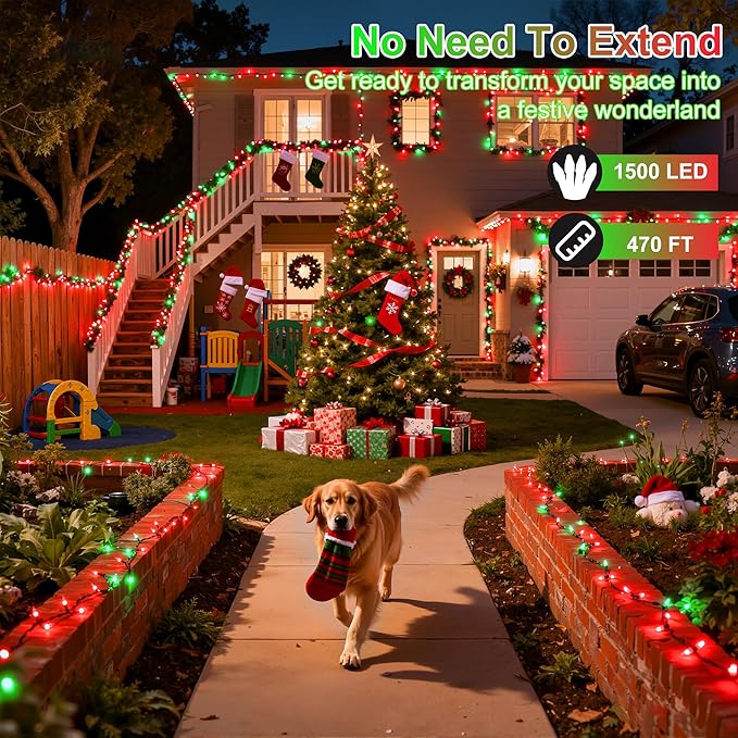 470FT 1500LED Christmas Lights, 12 Modes Red and Green Outdoor String Lights with Timer & Dimmable, Waterproof Green Wire Christmas String Lights for Indoor Tree Xmas Patio Fence Balcony Garden Party