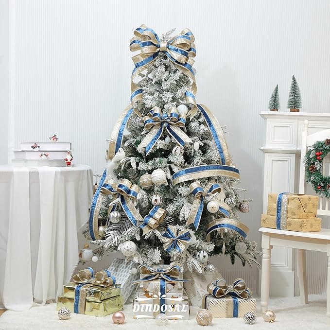 Navy Blue Velvet Wired Christmas Ribbon 2.5 Inch Blue and Gold Holiday Ribbon – 10-Yards Roll for Tree Decorations, Gift Wrapping, Wreaths, and DIY Crafts