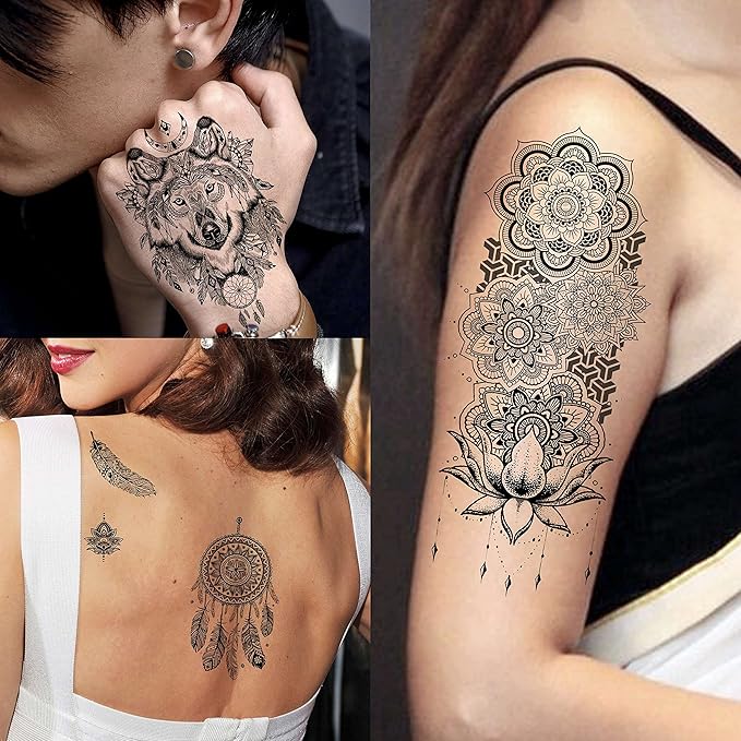 64 Sheets Tribal Vintage Black Lotus Temporary Tattoos for Women Girls, Bohemia Mandala Flower Fake Sleeve Tattoos for Adults Owl Moon