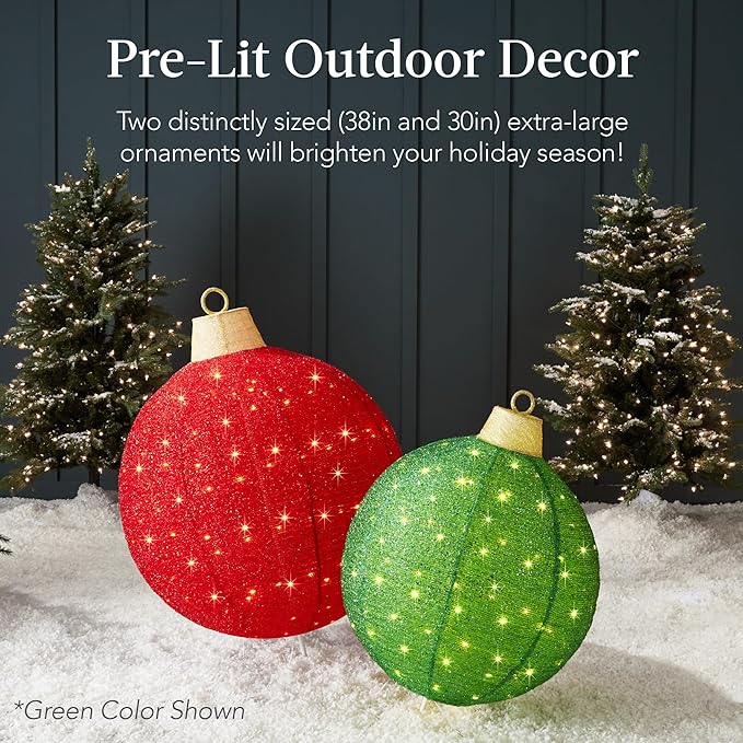 Best Choice Products 2pc Lighted Pop-Up Outdoor Christmas Ornament Set, Holiday Ball Decoration w/ 180 LED Lights, 8 Light Functions - Red/Gold