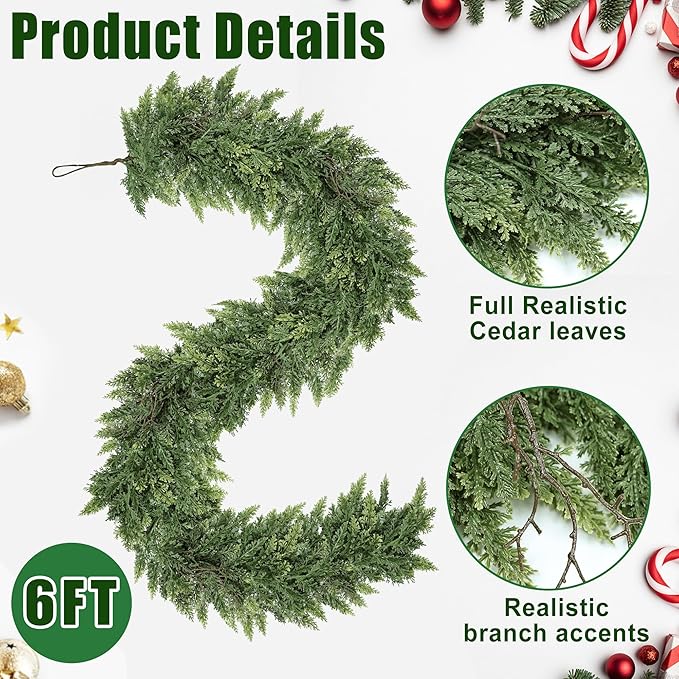 6ft Christmas Garland Realistic Soft and Thickness Green Faux Cedar Pine Garland Artificial Cedar Cypress Garland for Home Fireplace Wall Indoor Outdoor Holiday Party Home Decoration