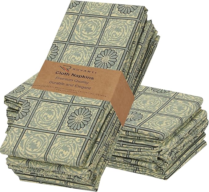 RUVANTI Cloth Napkins Set of 12 Cotton 100%, 18x18 Inches Napkins Cloth Washable, Soft, Absorbent. Cotton Napkins for Parties, Christmas, Thanksgiving, Weddings, Dinner Napkins Cloth - Floral Tiles