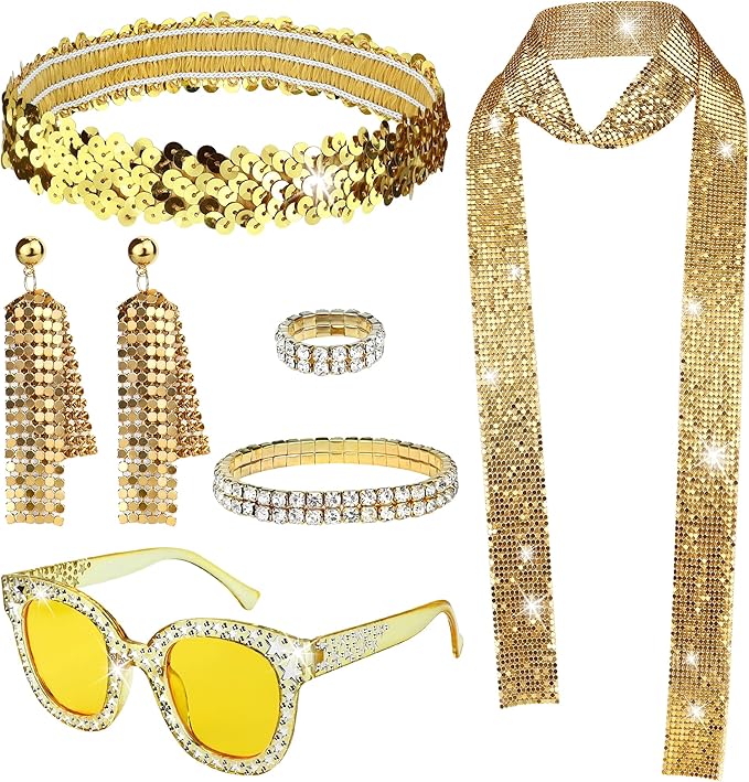 6 Pcs 70s Disco Accessories for Women Costume Jewelry Set Disco Earrings Ring Sequin Scarf Sunglasses Bracelet Headband