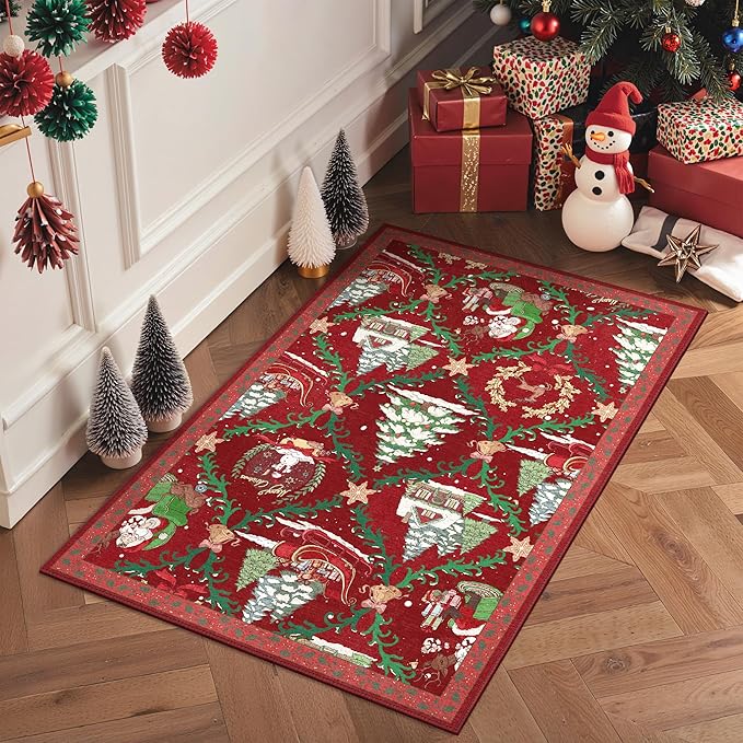 Christmas Rug 2x3 Washable Rugs for Entryway Bedroom, Christmas Home Decor, Holiday Print Carpet, Low Pile Non Slip Mat with Rubber Backing, Crimson Christmas Tale Pattern