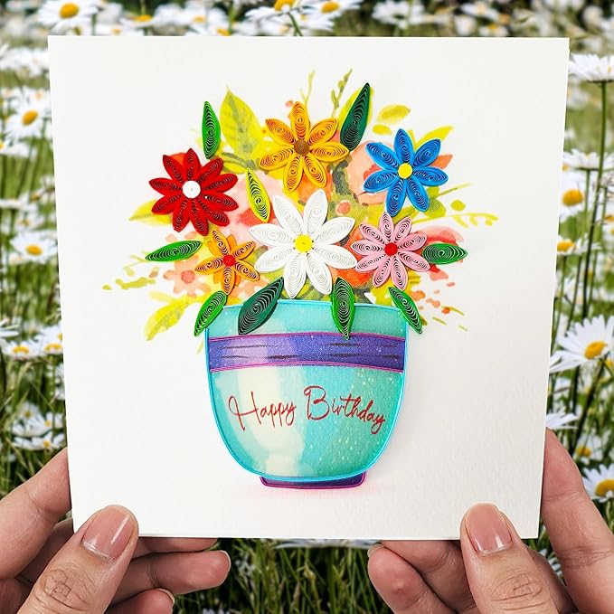 Quilled Birthday Card - Happy Birthday Quilled Daisies Greeting Cards for Women - Blank Inside Quilling Cards for Woman- 6x6 Handmade 3D Paper Art Design with Luxury Blue Envelope (Daisy)