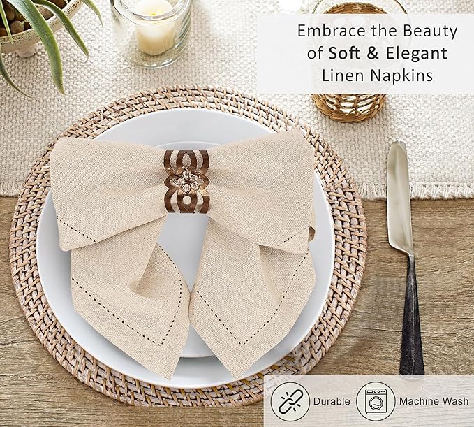 Ruvanti Premium Linen Napkins Set of 12-20x20 Inch, Classic Hemstitch, Mitered Corner Cloth Napkins‎‎ - Soft, Elegant Dinner Napkins Cloth Washable for Weddings, Parties, Everyday Use - Natural