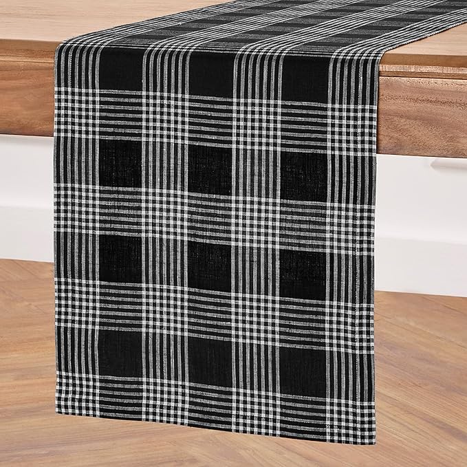 Solino Home Fall Table Runner 120 Inches Long - 100% Pure Linen Glen Check Black and White Table Runner 14 x 120 Inch for Dining, Fall, Autumn, Thanksgiving