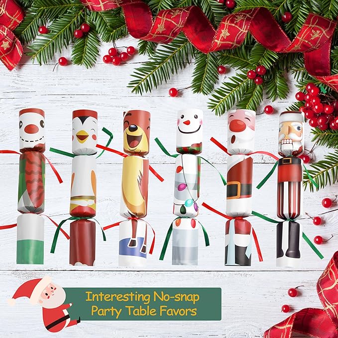 12 Pack Christmas No-snap Party Table Favors, Christmas Themed Holiday Supplies with Party Hat, Joke & Little Gift Inside for Kids Adults Xmas Gift