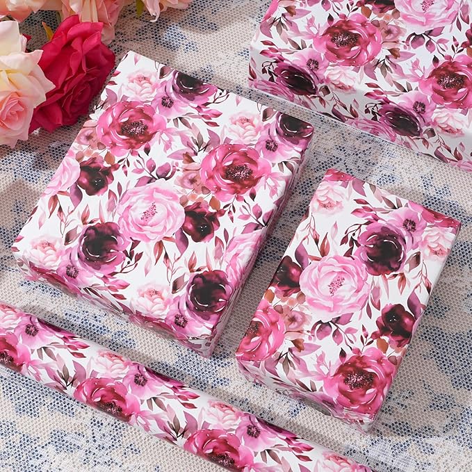 ZINTBIAL Floral Wrapping Paper Roll - Purple Rose Design, 17 Inches x 16.5 Feet, Gift Wrap for Wedding, Bridal Shower, Birthday, Mother's Day,Anniversary, Cut Lines on Back