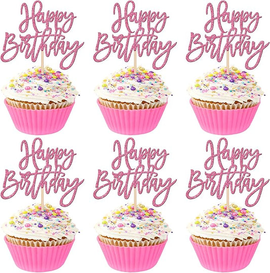 24 PCS Glitter Cupcake Toppers - Happy Birthday & Anniversary Picks - Pink