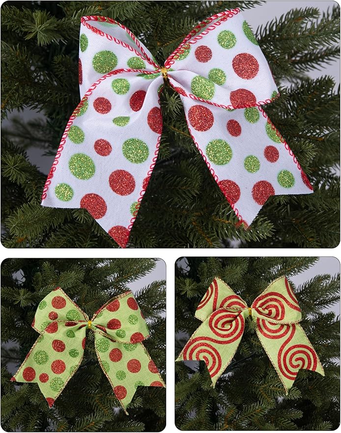 SIMISI RIBBON Christmas Tree Bows Wreaths Graland Xmas Party Decorations Red Green Polka Dot Ornaments (6 * 6 Inches, 12 Pcs)