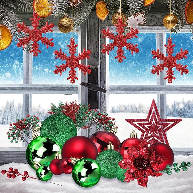 Sratte 94 Pcs Christmas Tree Decorations Set, Christmas Tree Ball Ornaments Glitter Poinsettia Flowers Decorations Glitter Berries Stems for Xmas Holiday Wedding(Red, Green)