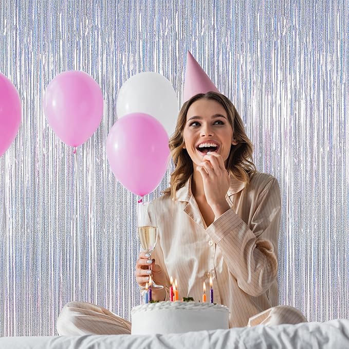 4 Pack Fringe Backdrop, 3.28 FT x 7.05 FT Glitter Silver Tinsel Curtains, Metallic Foil Streamer Disco Fringe Backdrop Party Curtains, Birthday Party Supplies Disco Decorations