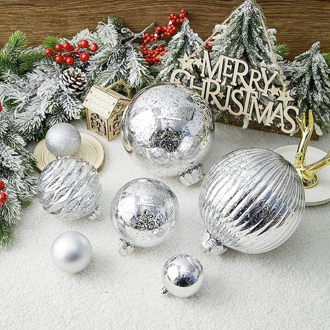Large Christmas Ball Ornaments, Oversized Shatterproof Plastic Decorative Hanging Mercury Ornaments Ball for Xmas Holiday Party Decorations (Silver, 4.0")