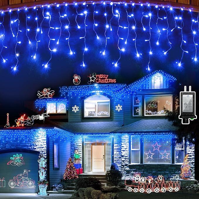 810 LED Christmas Lights Outdoor Indoor, 82ft Blue String Lights with 180 Drops, 12 Modes Dimmable Curtain Lights with Timer, Waterproof Twinkle Fairy Lights for Bedroom Window Eaves Xmas Decor