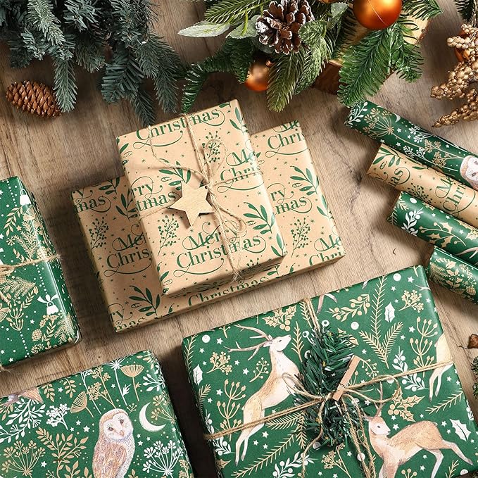 RUSPEPA Christmas Wrapping Paper Set, Jumbo Roll, 4 Rolls Green Owl Reindeer Ball Design Kraft Gift Wrap with 8 Bows, 2 Spools of Bakers Twine, 30 Stickers and 30 Gift Tags, 30 Inch x 10 Feet Per Roll