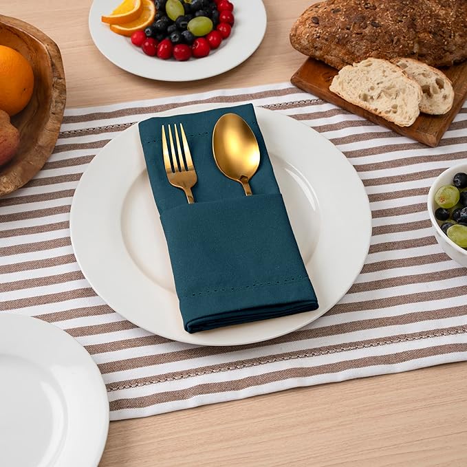 Blue Needles Set of 12 Hemstitch Linen Napkins 100% Cotton Crystal Teal Cloth Dinner Napkins 18x18 inches, Soft Reusable Absorbent Washable, Ideal for Fall Thanksgiving Events, Parties & Everyday Use
