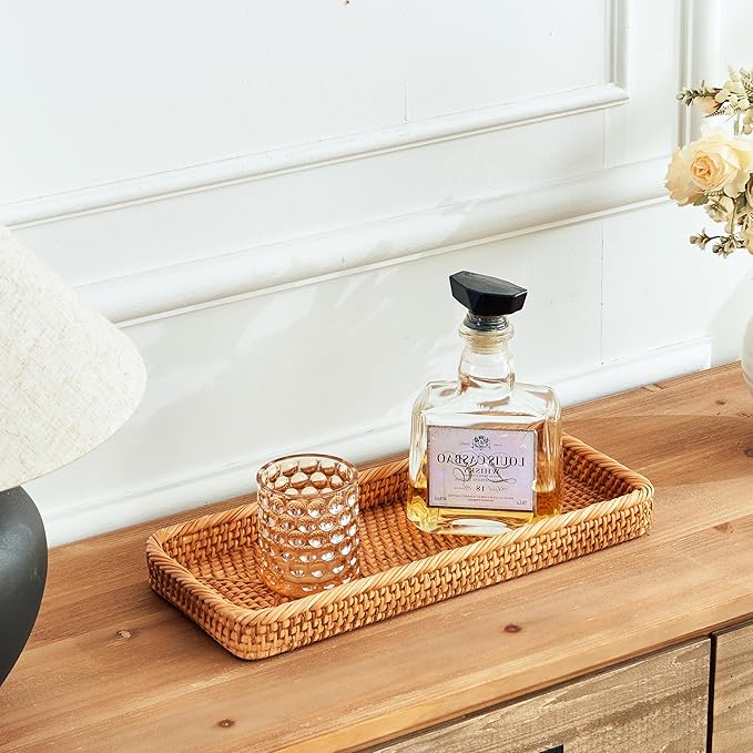 Rectangular Rattan Tray, Long Woven Tray Rectangle Tray, Flat Rattan Serving Tray for Breakfast, Drinks, Snacks(15.75''x6.69''x1.57'')