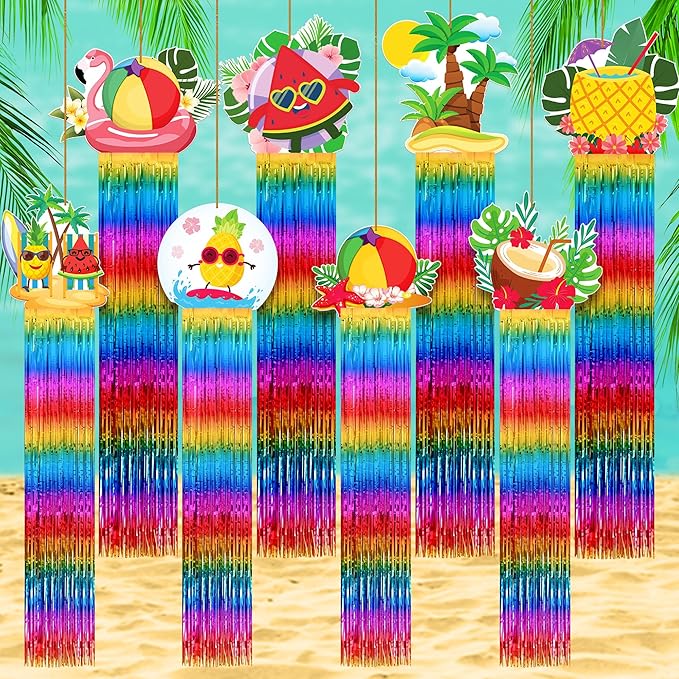 KatchOn, Colorful Tropical Fringe Hanging Decorations - Pack of 8 | Rainbow Streamers for Luau, Hawaiian, Topical Party Decorations | Summer Photo Booth Backdrop for Pool, Summer Party Decoration