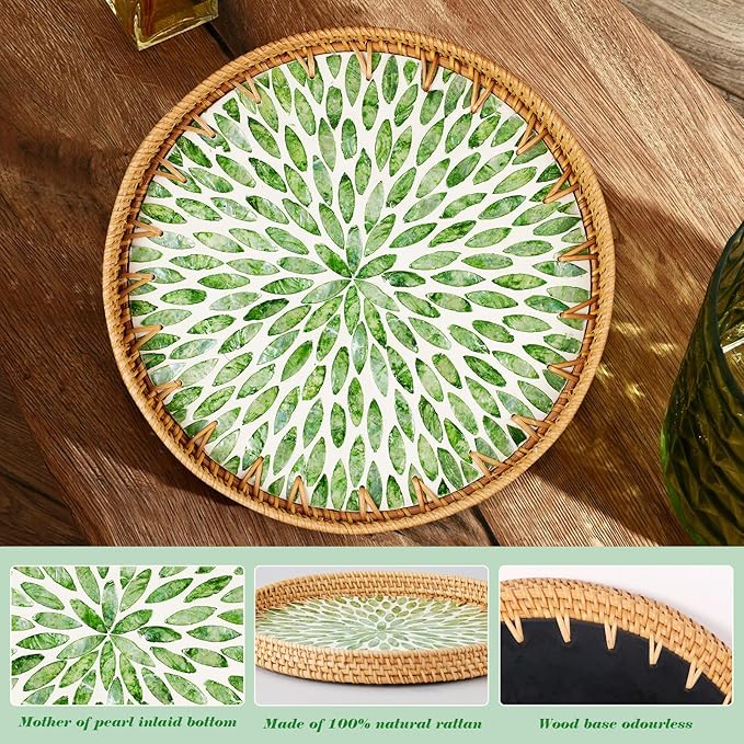 Round Rattan Serving Tray - Natural Handmade Woven Basket Trays with Mother of Pearl Inlay with Wooden Base Decorative Wicker Basket for Table Decor, Home Storage Display of Bread, Coffee, Fruit