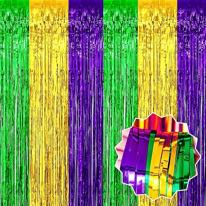 3 Pack Gold Green Purple Foil Fringe Curtains Backdrop, 3.28 x 8.2 Ft Metallic Streamers Tinsel Curtains Background for Photo Booth, Birthday, Christmas, Halloween, New Year Party Decorations