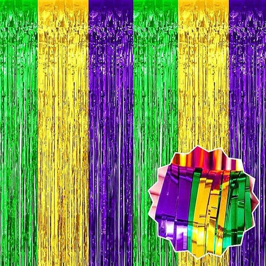 6 Pack Gold Green Purple Foil Fringe Curtains Backdrop, 3.28 x 9.8 Ft Metallic Streamers Tinsel Curtains Background for Photo Booth, Birthday, Halloween, Christmas, New Year Party Decorations