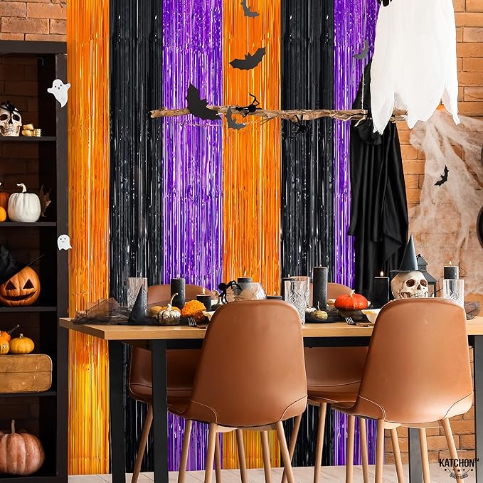 KatchOn, Orange Black and Purple Foil Fringe Curtain - XtraLarge 3.2x6.5 Feet, Pack of 2 | Streamers for Birthday, Bachelorette, Engagement | Fringe Backdrop for Halloween Party Decorations