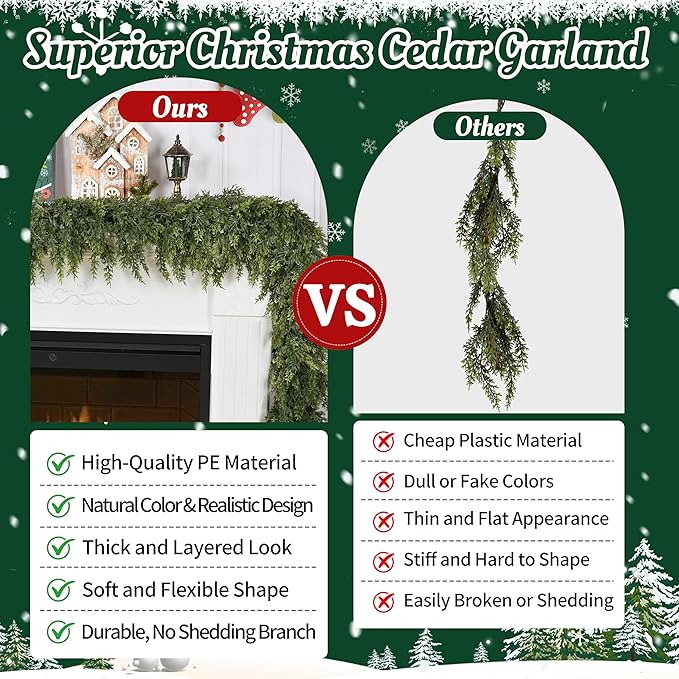 Palonu 9Ft Christmas Cedar Garland, Artificial Realistic Greenery Faux Garlands Touch Like Real Pine Needles Xmas Décor, Fireplace Mantle Table Stairs Porch Indoor Outdoor Holiday Decoration