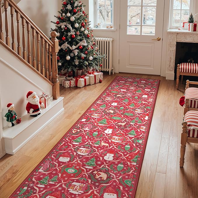 Christmas Runner Rug 2x6 Washable Rug for Hallway Kitchen Bedroom, Christmas Home Decor, Holiday Print Carpet, Low Pile Mat with Non Slip Backing, Red Christmas Tale Pattern