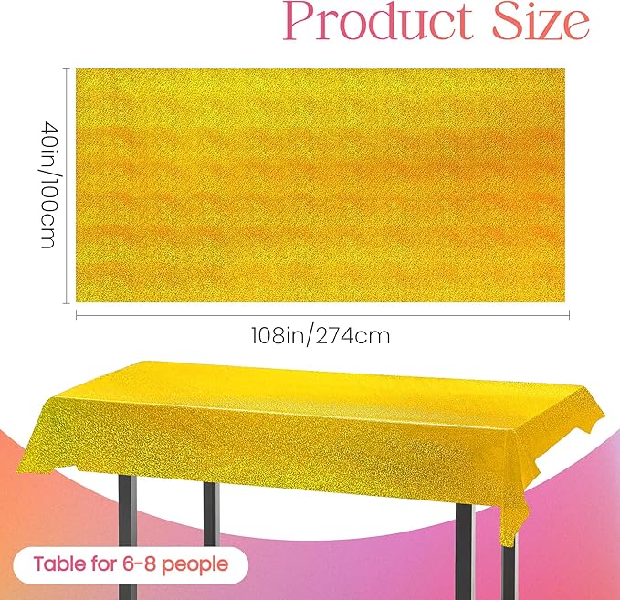 2 pcs Gold Holographic Party Tablecloths 40" x 108" Laser Shiny Table Cloths Plastic Glitter Foil Table Cover for Christmas Wedding Graduation Baby Shower 1920s Birthday Party Anniversary Supplies