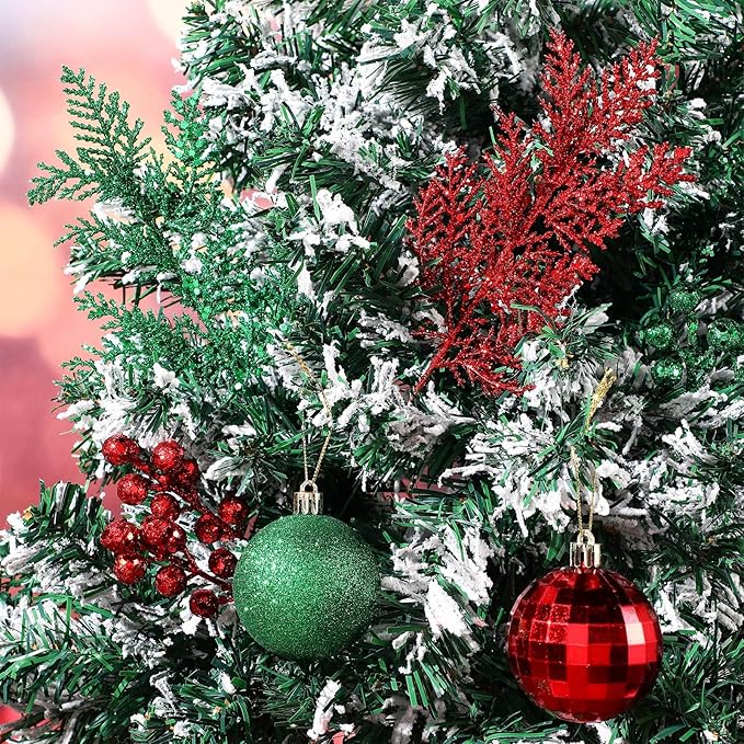 Sratte 94 Pcs Christmas Tree Decorations Set, Christmas Tree Ball Ornaments Glitter Poinsettia Flowers Decorations Glitter Berries Stems for Xmas Holiday Wedding(Red, Green)