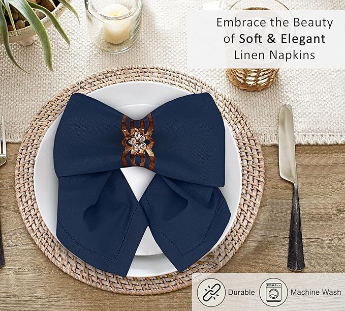 Ruvanti Premium Linen Napkins Set of 4-20x20 Inch, Classic Hemstitch, Mitered Corner Cloth Napkins ‎‎- Soft, Elegant Dinner Napkins Cloth Washable for Weddings, Parties, Everyday Use - Navy