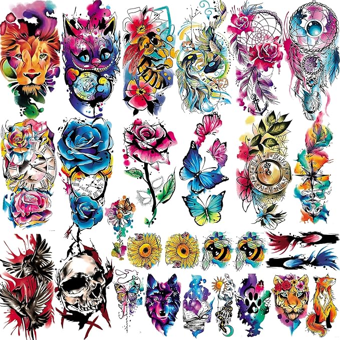 Aresvns 3D Watercolor Temporary Tattoo for BBQ Pool Beach Party, 14 Sheets Roses Flower Butterfly Lion Fake Tattoos for Adults Shoulder Arm Hands, 11 Sheets Tiny Realistic Tattoo Sticker Long Lasting