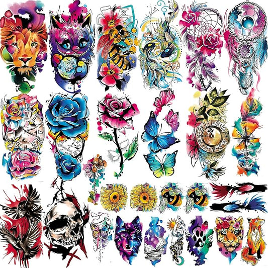 Aresvns 3D Watercolor Temporary Tattoo for BBQ Pool Beach Party, 14 Sheets Roses Flower Butterfly Lion Fake Tattoos for Adults Shoulder Arm Hands, 11 Sheets Tiny Realistic Tattoo Sticker Long Lasting
