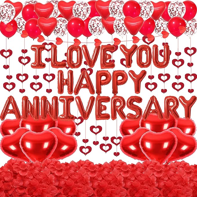 Red Happy Anniversary Decorations I LOVE YOU Letter Balloons - 1200pcs Red Artificial Rose Petals 16" Letter Balloons 18" Heart Foil Balloons Latex balloons heart balloons Hanging Swirls Heart Banner
