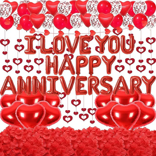Red Happy Anniversary Decorations I LOVE YOU Letter Balloons - 1200pcs Red Artificial Rose Petals 16" Letter Balloons 18" Heart Foil Balloons Latex balloons heart balloons Hanging Swirls Heart Banner