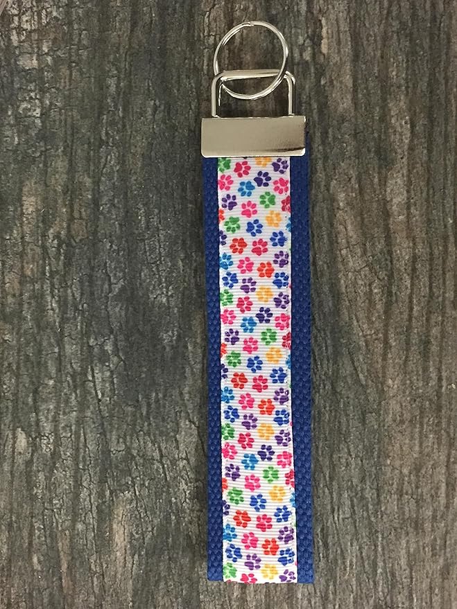Dog Paw Print Wristlet Keychain – Colorful Fabric Hand Strap with Metal Ring for Keys, ID Cards, and Small Accessories