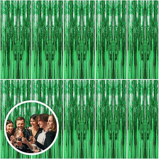 10 Pack Green Streamers Backdrop Jungle Party Decorations Foil Fringe Backdrop Curtains Photo Booth Backdrop for Birthday Dinosaur Animal St Patrick's Day Football Christmas Party Decorations