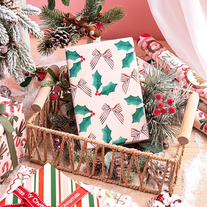 WRAPAHOLIC 30 Inch Christmas Wrapping Paper Roll - Jumbo Roll Red and Green Christmas Decor, Candy Canes, Holly and Bow Wrapping Paper - 4 Rolls - 30 Inch x 120 Inch Per Roll