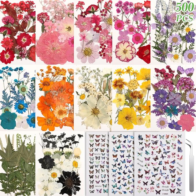 500 PCS Dried Flowers Butterfly Stickers for Crafts Real Natural Pressed Flowers Dry Leaves Kit for DIY Making Crafts Resin Soap Candle Scrapbook Supplies Card Making Jewelry