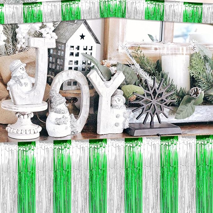 6 Pack 6 Feet Foil Fringe Garland Metallic Tassle Banner Wall Hanging Tinsel Streamers Backdrop for Parade Floats, Wedding, Birthday, Mardi Gras, St Patrick Day Party Decorations(Silver Green)