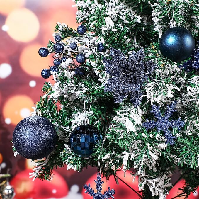 Sratte 94 Pcs Christmas Tree Decorations Set, Christmas Tree Ball Ornaments Glitter Poinsettia Flowers Decorations Glitter Berries Stems for Xmas Holiday Wedding(Navy Blue)
