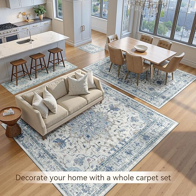 Area Rugs 2'x5' Washable Non-Slip, Floral Vintage Distress Print Pattern Medallion Carpet for Living Room Bedroom Dining Room, Light Blue Navy Beige Gray White