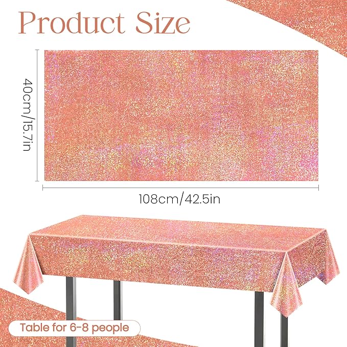 2 pcs Rose Gold Holographic Table Cloth 40" x 108" Shiny Bachelorette Party Decorations Plastic Laser Sparkly Tablecloth Glitter Table Decor for Wedding Anniversary Event Birthday Party Supplies