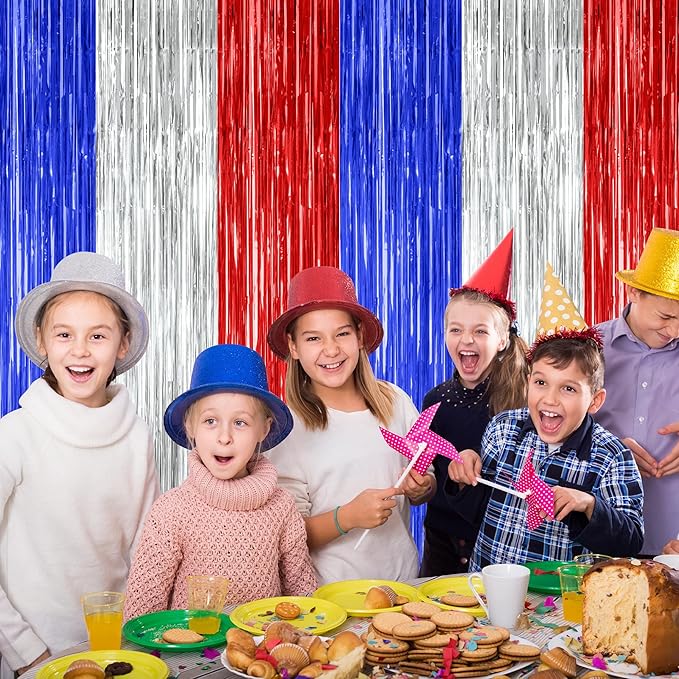 12 Pack 4th of July Decorations, 3.28 FT x 7.05 FT Patriotic Tinsel Backdrop, Metallic Blue Silver Red Fringe Curtains Party Streamer Foil Backdrop, Independence Day Party Supplies Patriotic Decor