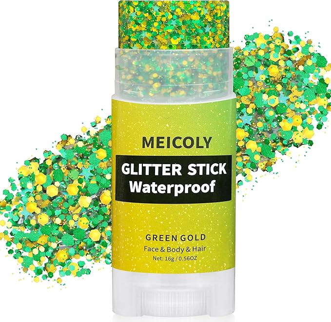 MEICOLY Gold and Green Face Glitter Stick,Hair Glitter Stick for Kids and Women,Green and Gold Spirit Wear Alien Makeup Accessories,Sparkle Body Glitter Makeup for Mardi Gras Carnival Festival Party
